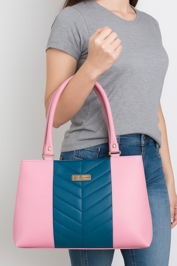 Women's Handbag with Chevron Design, Pink and Navy Blue, Double Handle Tote - Image 3