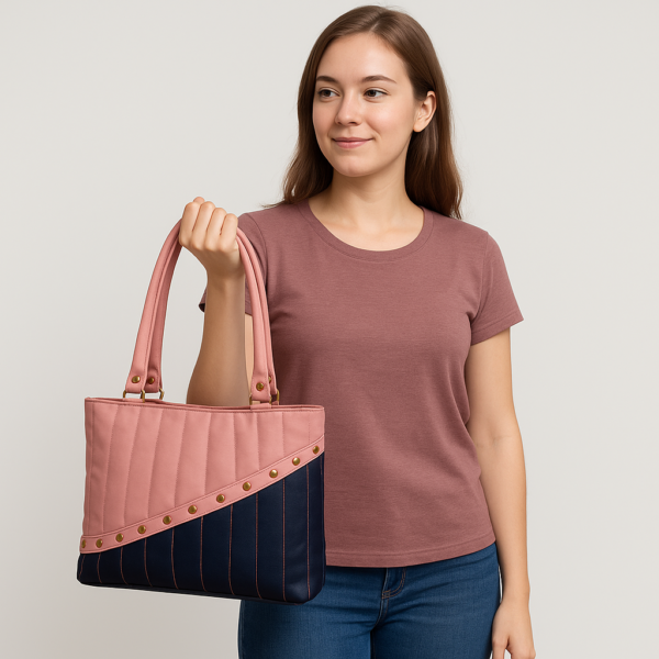 Women's Quilted Shoulder Handbag, Pink and black Design with Gold Studs, Dual Handle - Image 6