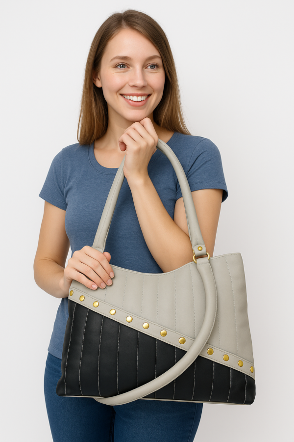 Women's Two-Tone Quilted Tote Bag with Gold Studs, Grey and Black, Shoulder Strap - Image 5