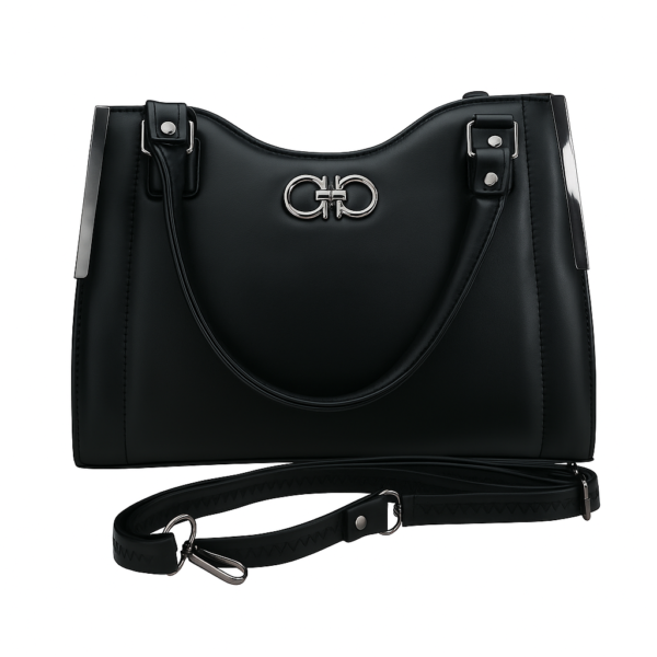 Classic Black Leather Handbag with Metal Clasp, Double Handle, Adjustable Shoulder Strap, Women's Tote