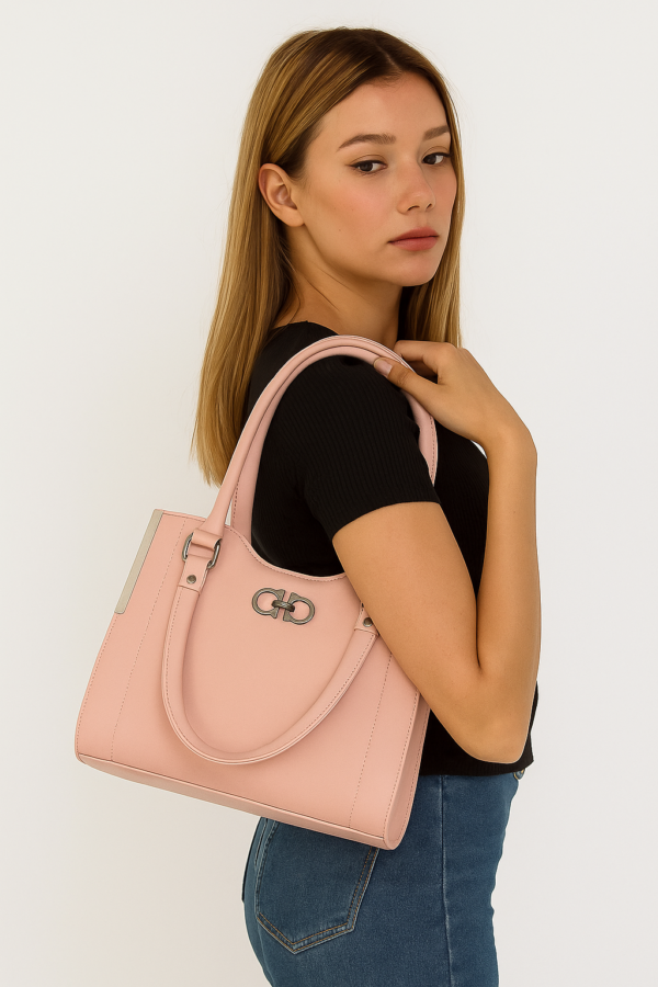Ladies Shoulder Handbag, Pink Faux Leather, 3 Compartments - Image 5
