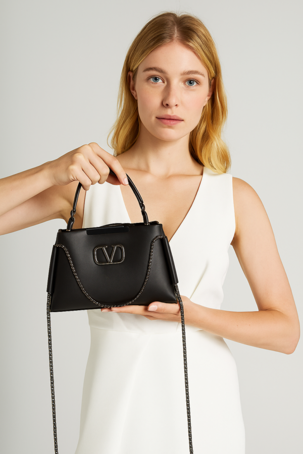 Ladies Shoulder Handbag, Black Faux Leather, 3 Compartments with Chain Strap. - Image 2