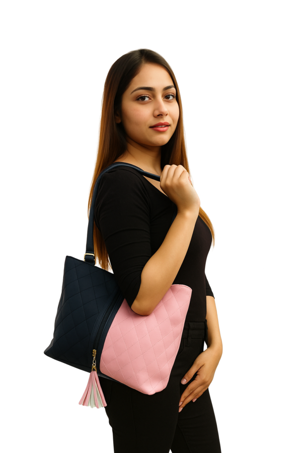 Two-Tone Shoulder Bag with Tassel, Navy Blue and Pink, Faux Leather - Image 2