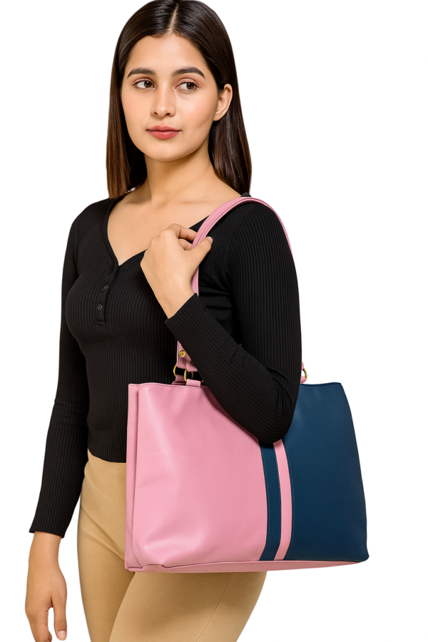 Ladies Shoulder Handbag, Pink and Black, 3 Compartments, Polyester Blend with Faux Leather. - Image 7