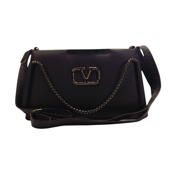 Ladies Shoulder Handbag, Black Faux Leather, 3 Compartments with Chain Strap. - Image 3