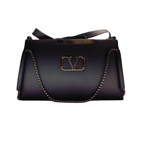 Ladies Shoulder Handbag, Black Faux Leather, 3 Compartments with Chain Strap.