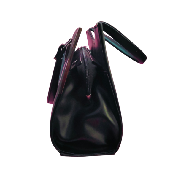 Classic Black Leather Handbag with Metal Clasp, Double Handle, Adjustable Shoulder Strap, Women's Tote - Image 3