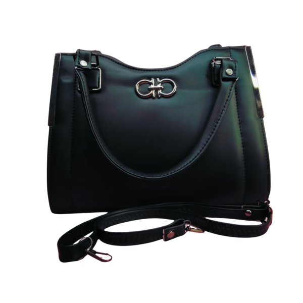 Classic Black Leather Handbag with Metal Clasp, Double Handle, Adjustable Shoulder Strap, Women's Tote - Image 5