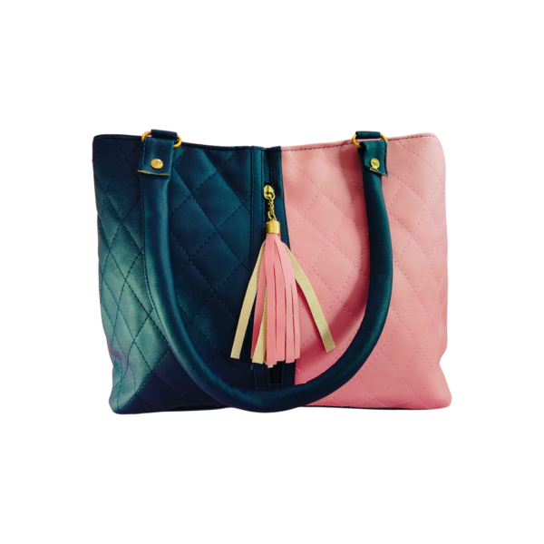 Two-Tone Shoulder Bag with Tassel, Navy Blue and Pink, Faux Leather - Image 4