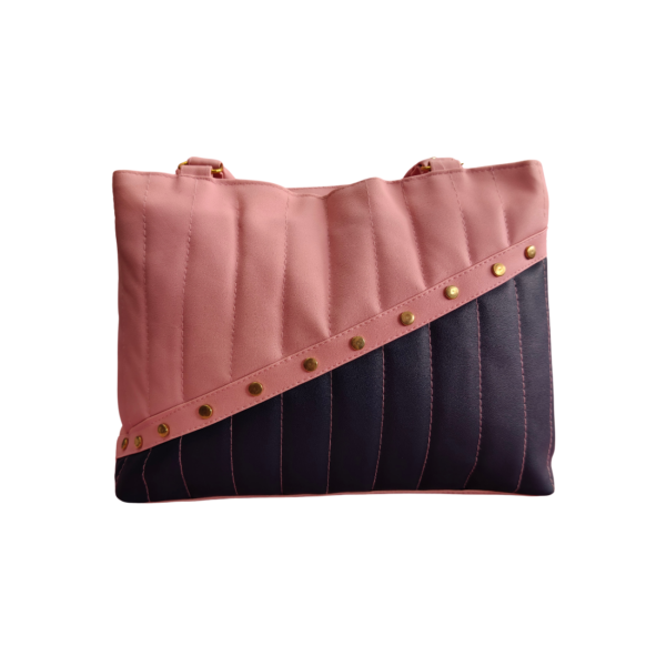 Women's Quilted Shoulder Handbag, Pink and black Design with Gold Studs, Dual Handle - Image 2