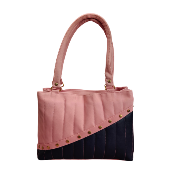 Women's Quilted Shoulder Handbag, Pink and black Design with Gold Studs, Dual Handle