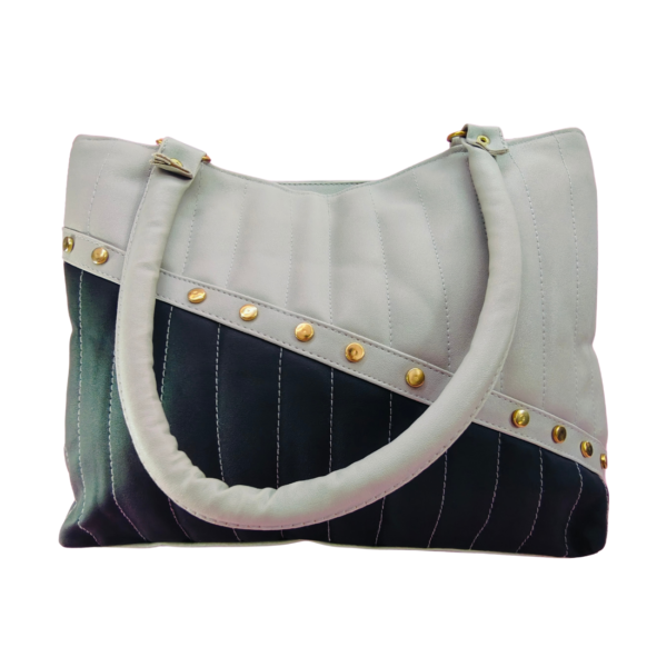 Women's Two-Tone Quilted Tote Bag with Gold Studs, Grey and Black, Shoulder Strap