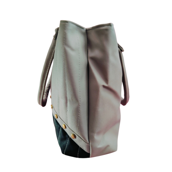 Women's Two-Tone Quilted Tote Bag with Gold Studs, Grey and Black, Shoulder Strap - Image 4